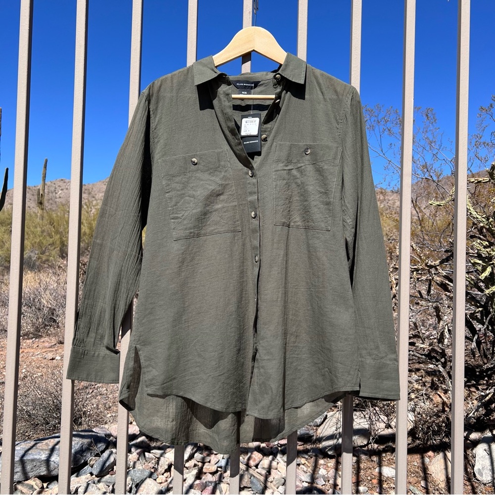⬇️💲CLUB MONACO NWT Women’s Blouse Size M Color Olive Marnee Chemise